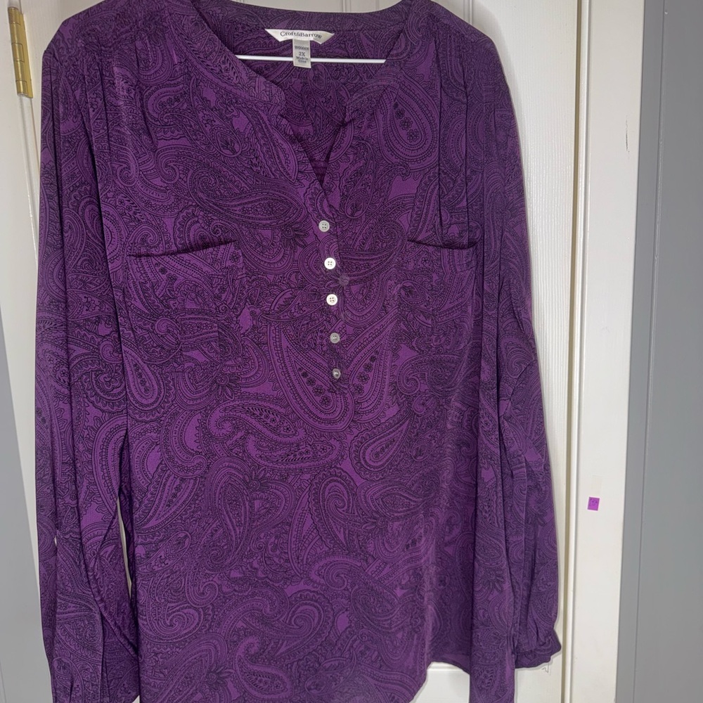 Croft & Barrow Purple Buttoned Blouse with Mandarin Collar
